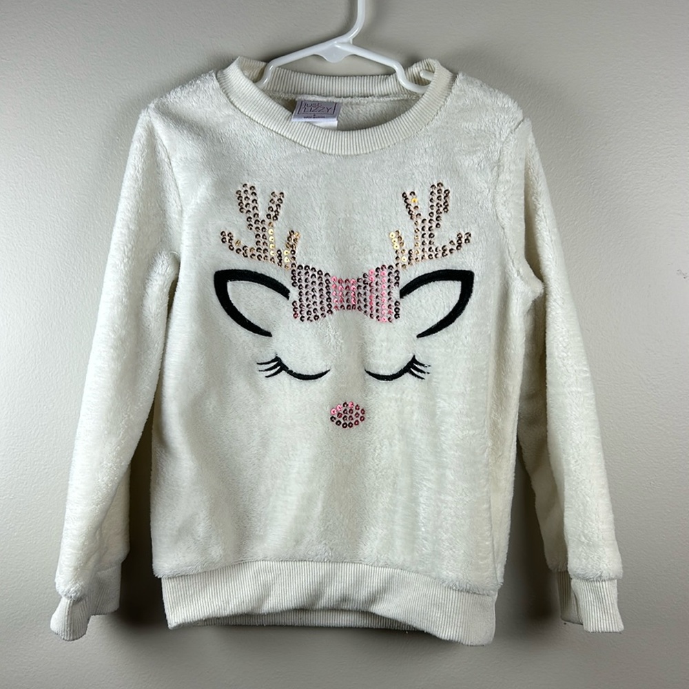 JUST LIZZY Girls Fuzzy White Sweatshirt Sequin Reindeer Size 6